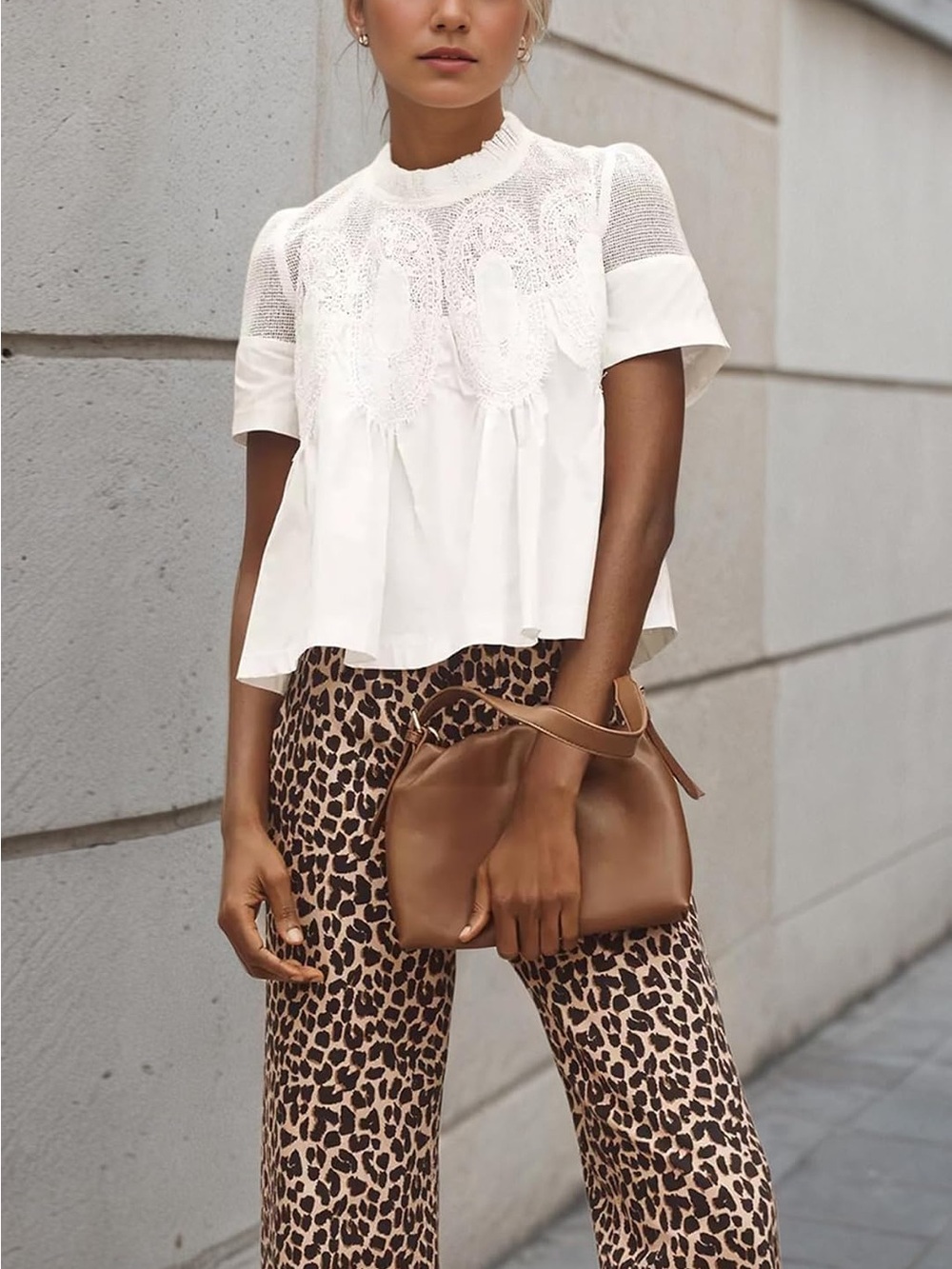 White Crochet Yoke Short Sleeve Peasant Top